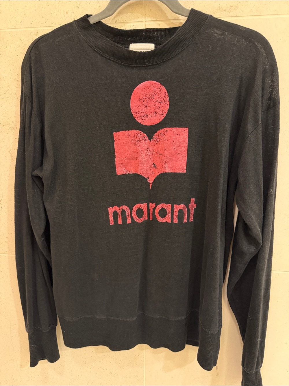 Isabel Marant Etoile Black long sleeve linen blend top with Pink Logo Graphic